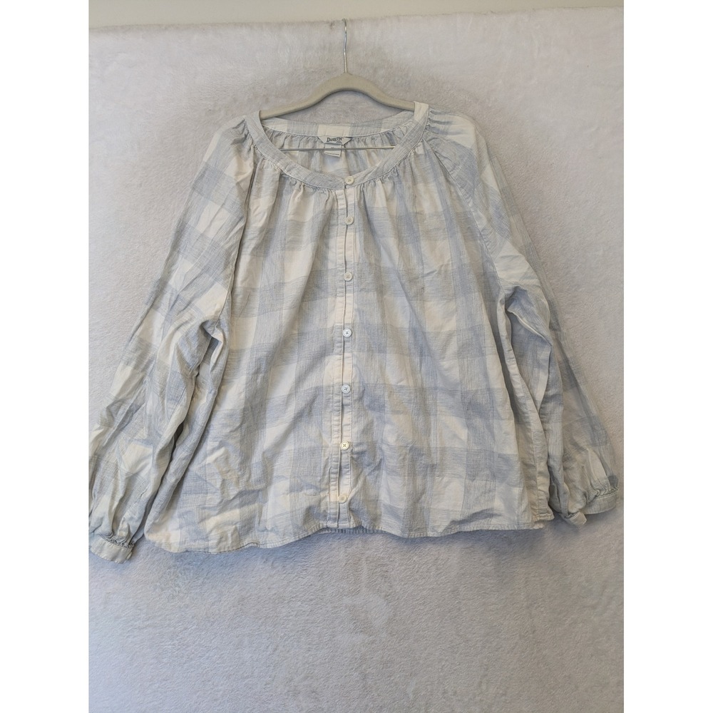 Duluth Trading Co Blouse Women's XL Blue White Plaid Organic Cotton Relaxed‎ Fit